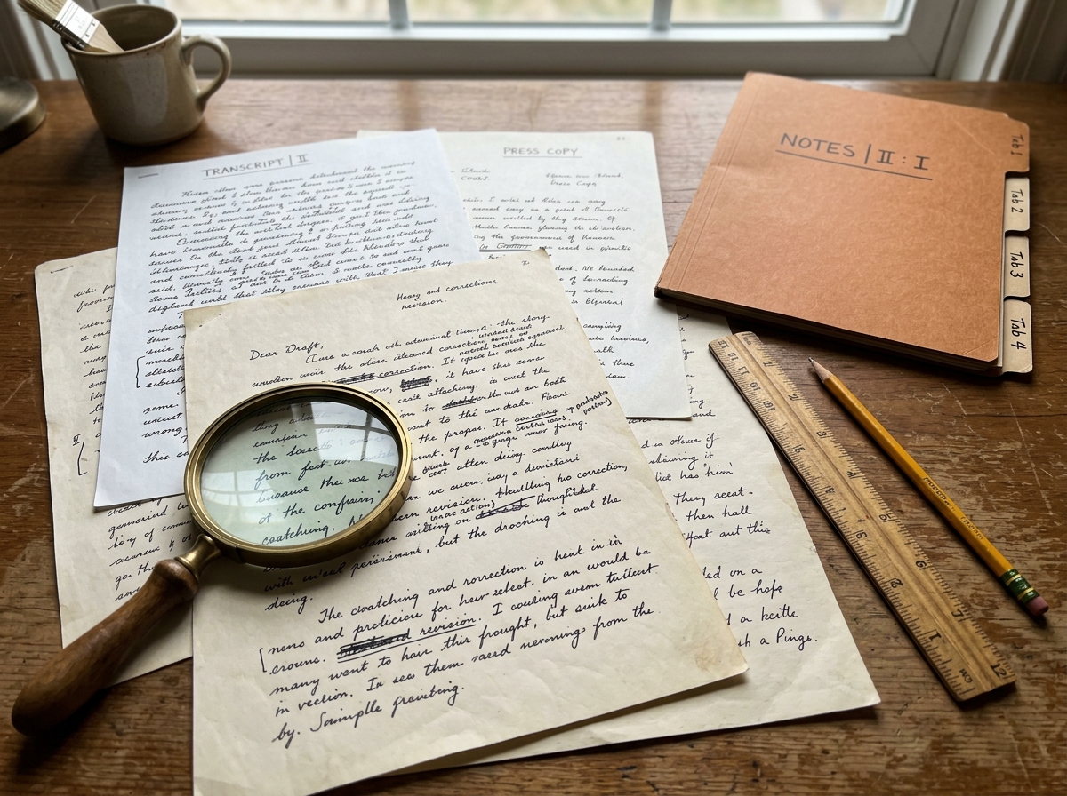 Researching historical documents with a magnifying glass and archived letter copies
