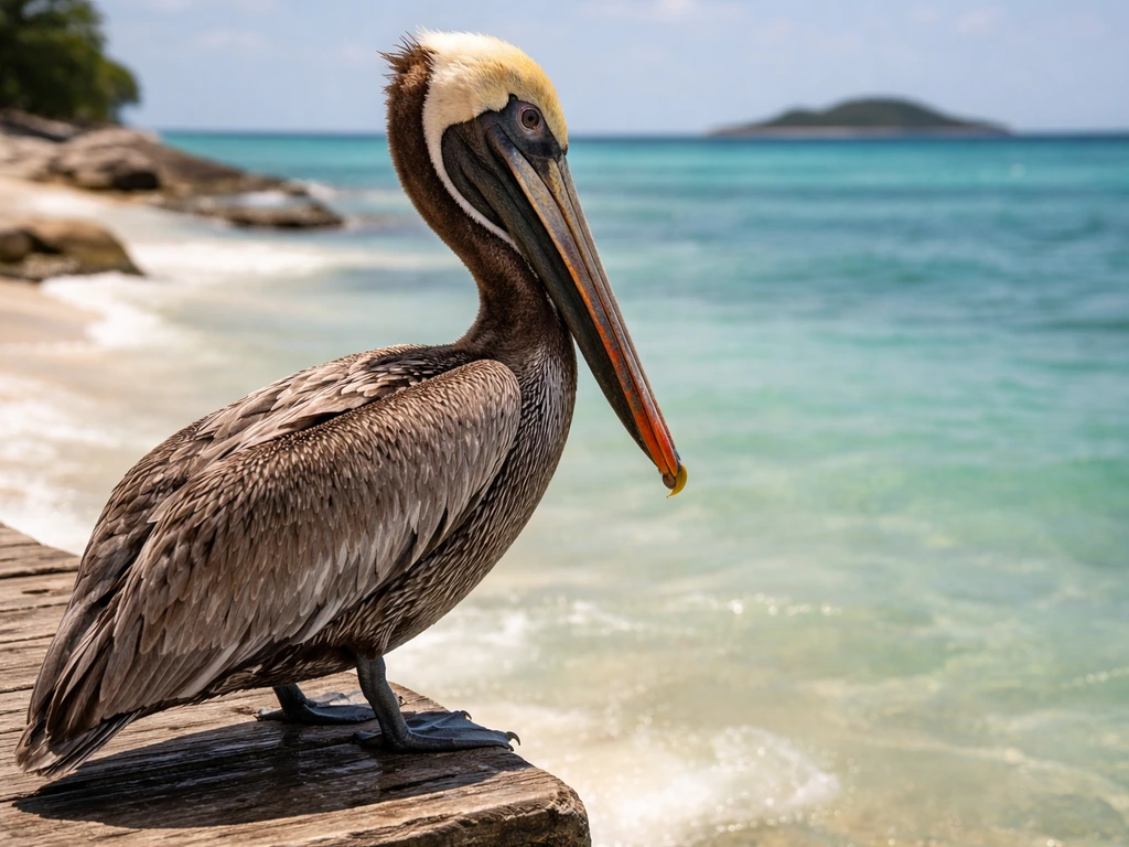 Brown pelican perched near the coast, with soft island-like shapes suggesting Pelican Island and Barbados