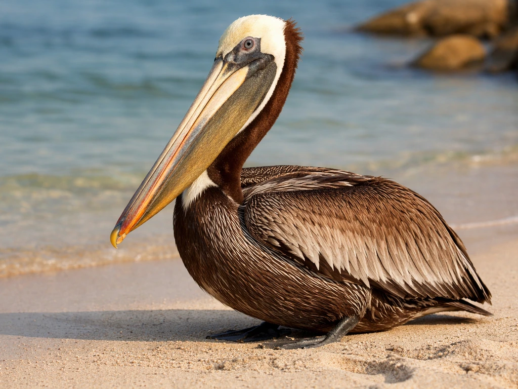 Brown pelican on a quiet beach, showing brown feathers, long bill, and visible throat pouch.