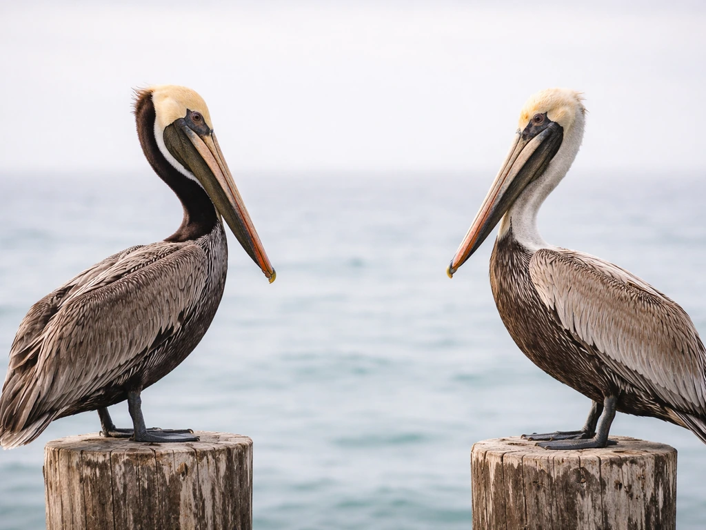 Two brown pelican-like birds side-by-side on a soft ocean background to compare similar symbolism.
