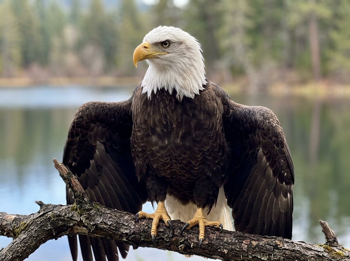 Bald eagle perched with wings partially open, close-up showing the head and talons