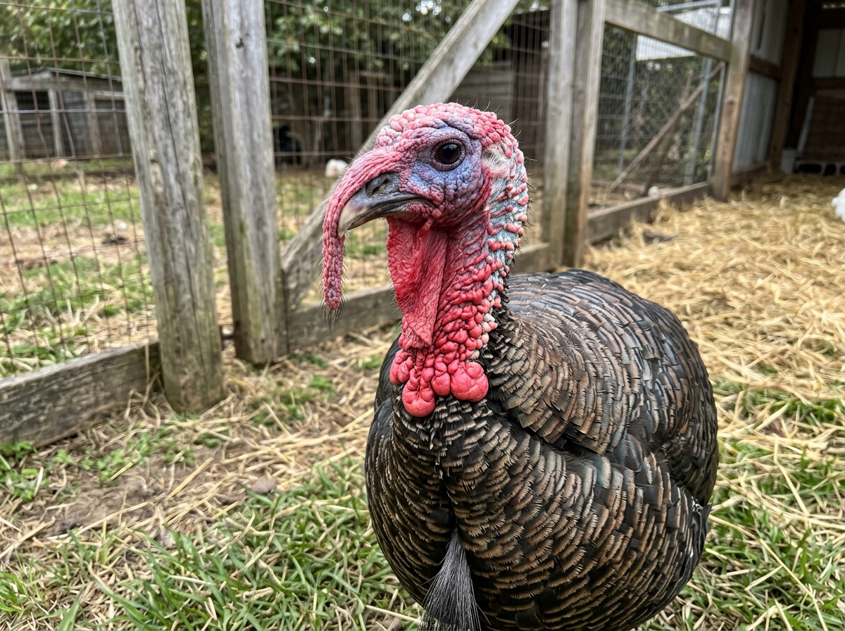 Turkey in a farmyard with a close-up of feathers, representing the Franklin confusion