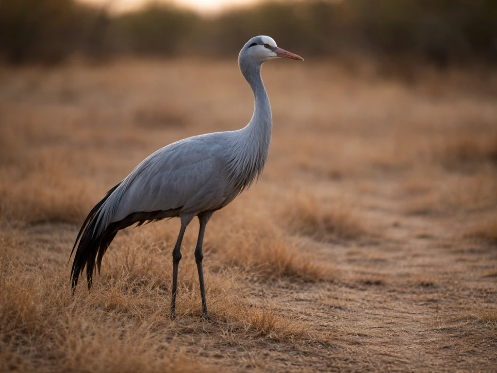 A Blue Crane standing in dry grassland with blue-gray feathers, softly lit by dawn light.