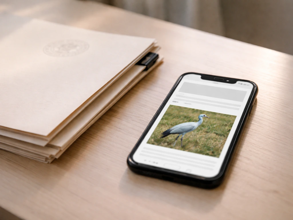 Documents and a smartphone with an obscured page and a blue crane image indicating a national bird.