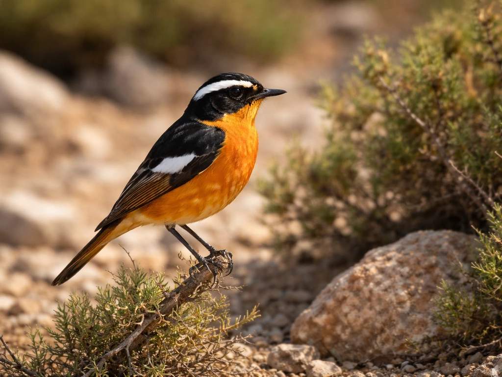 Moussier’s redstart perched on rocky scrub in Morocco, showing black-and-white wing patch and orange-red belly.