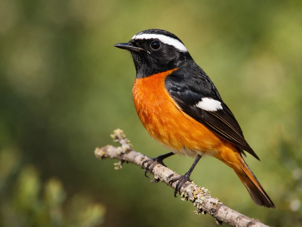 Close-up of a Moussier’s redstart perched on a branch, showing black, white, and orange-red plumage.