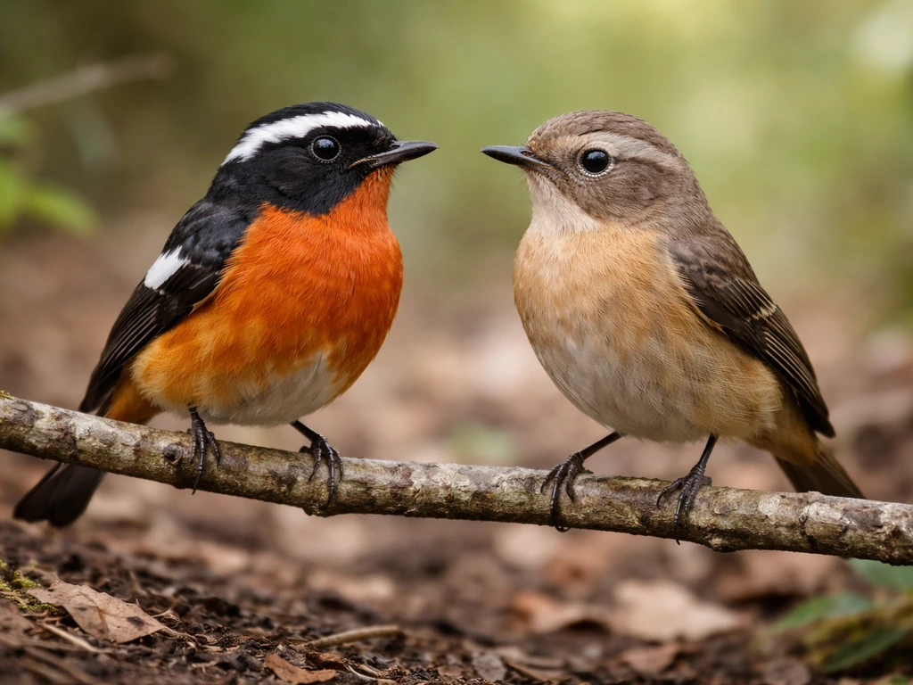 Close-up comparison of male and female Moussier’s redstart plumage in a natural field setting.