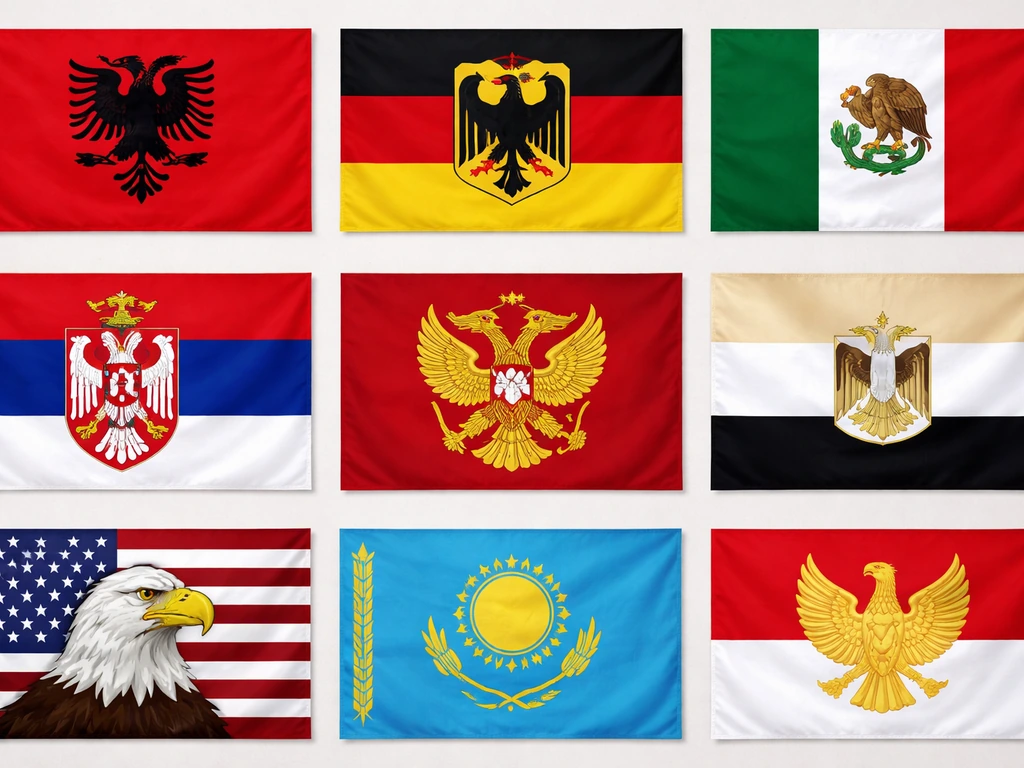 Grid of national flags with visible bird emblems like eagles and bird silhouettes.
