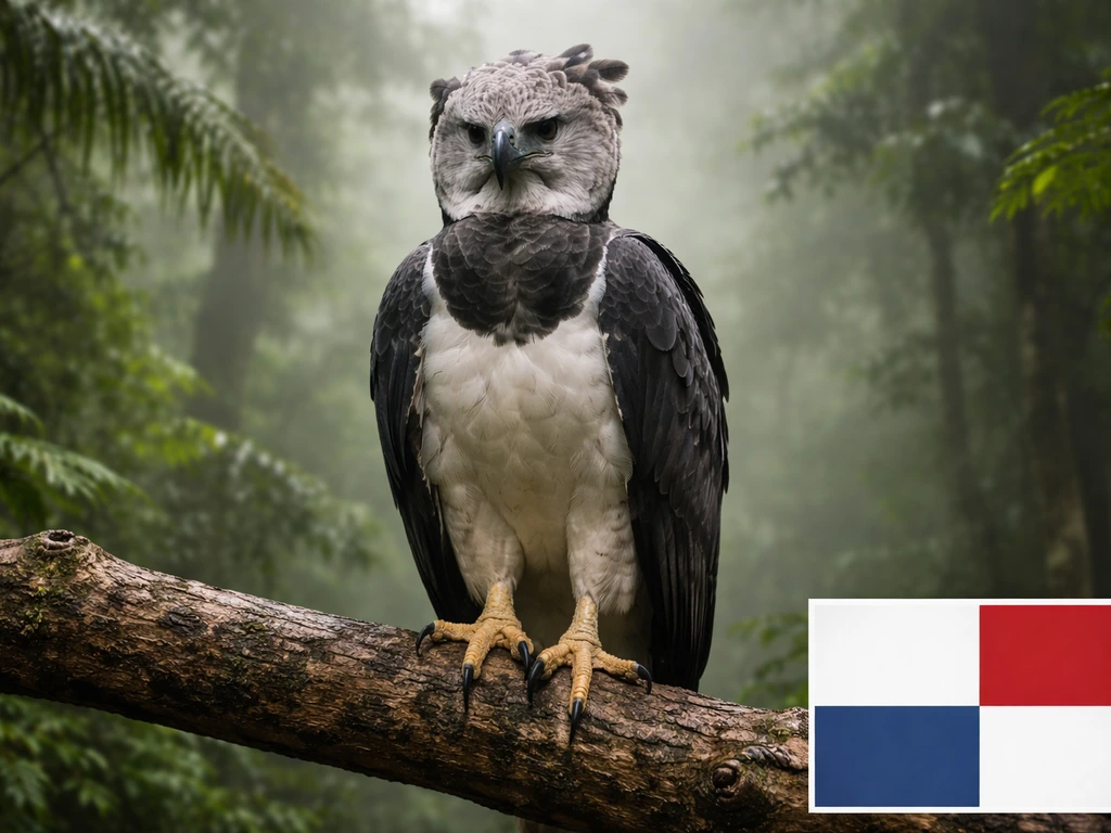 Harpy eagle perched in a misty forest, with a small nearby view of the Panama flag colors.