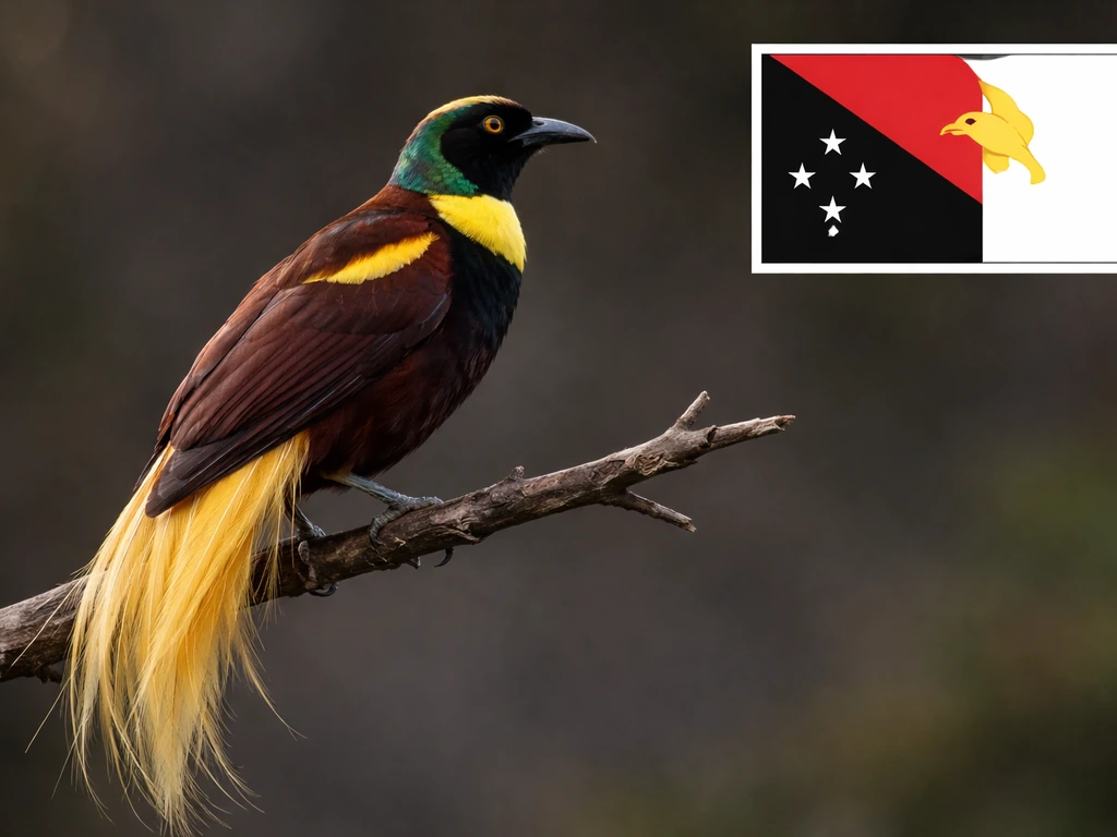 Bird of paradise perched near a minimal flag-area inset showing where a non-raptor emblem would sit