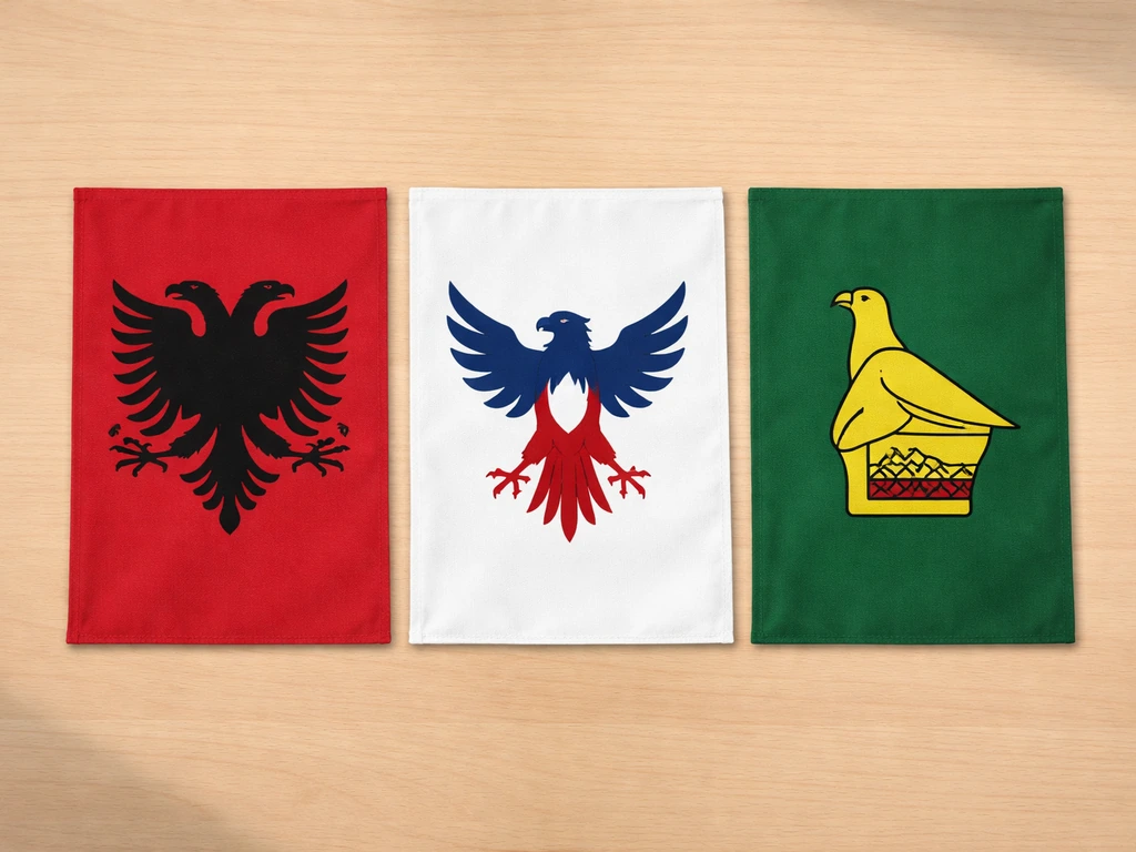 Minimal photo of a desk with flags featuring birds laid out neatly for a quick reference.