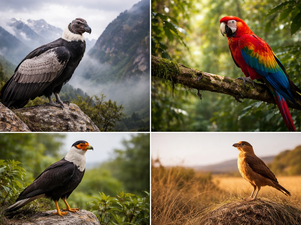 Collage of South American national birds perched in Andes, rainforest, and grassland habitats