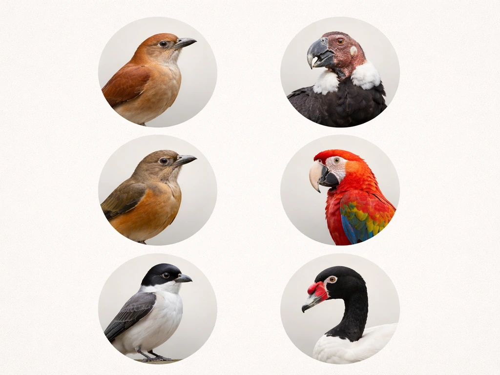 Minimal light-gray collage of several realistic bird images representing national birds across South America.