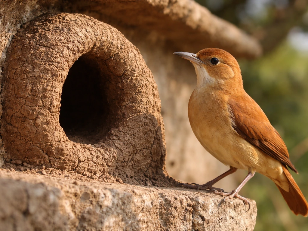 Rufous hornero perched by a dome-shaped mud nest on a sunlit wall