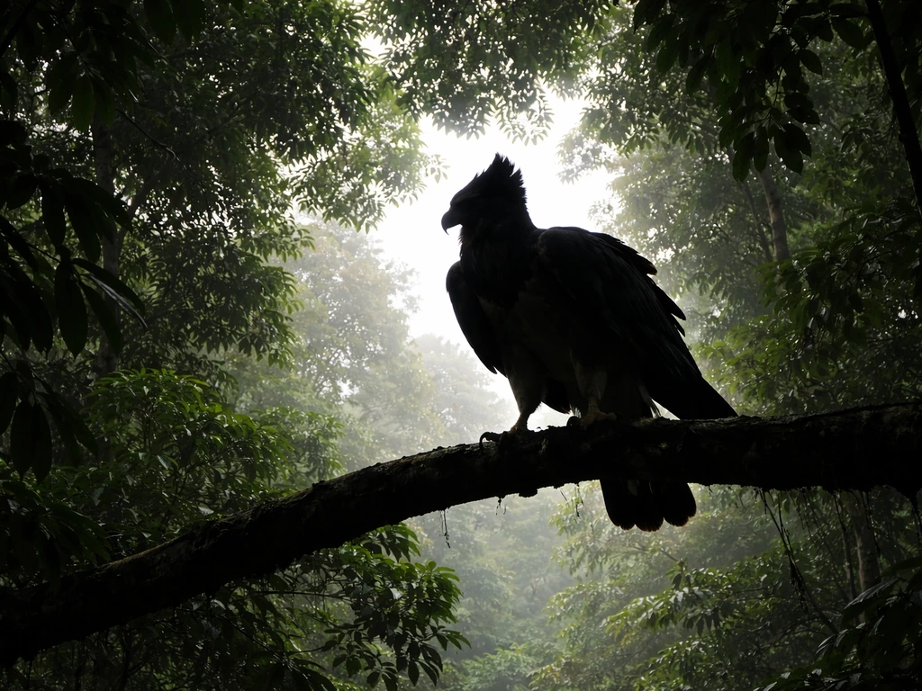 Silhouette of a harpy eagle perched high in a tropical rainforest canopy, talons gripping a branch.