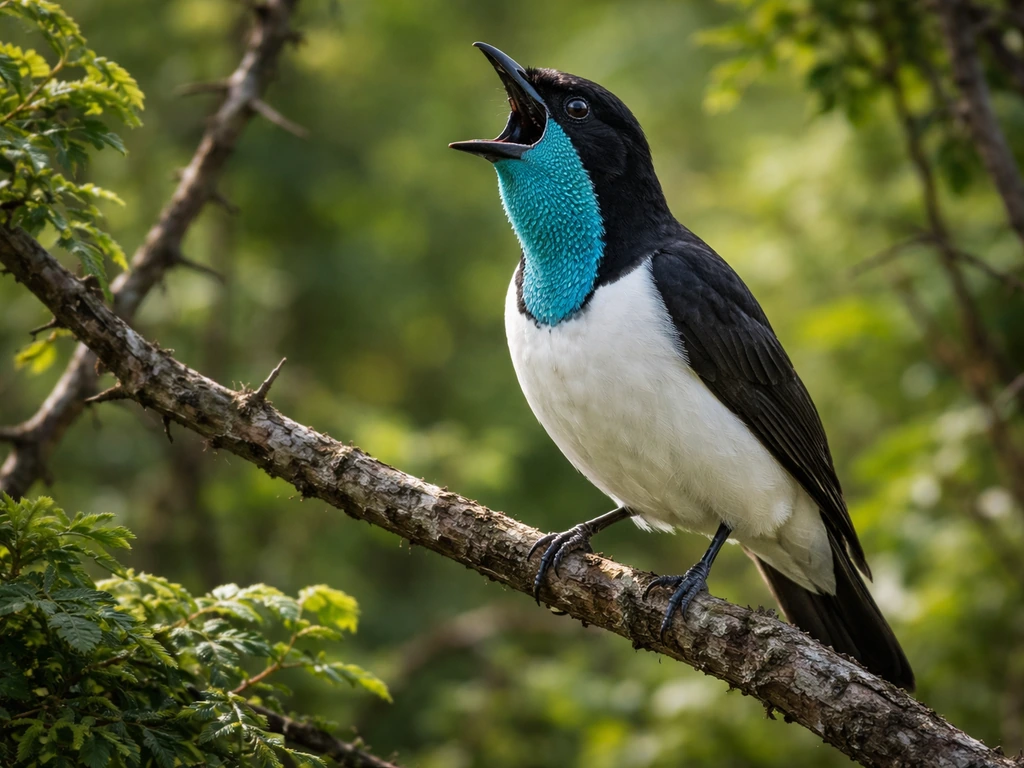 Bare-throated bellbird perched on a branch in lush thorny woodland, calling with its bare throat patch visible.