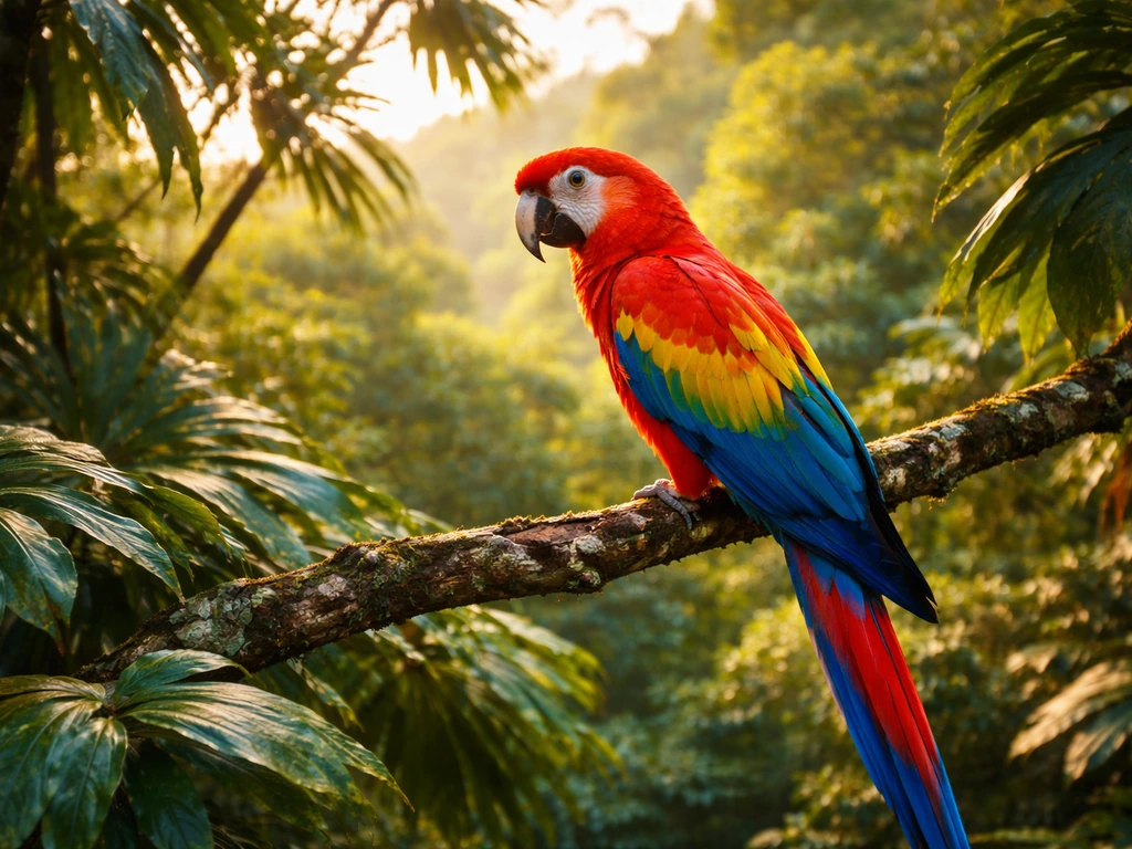 Colorful scarlet macaw-inspired bird perched high in a treetop, bright red yellow blue feathers, natural canopy.