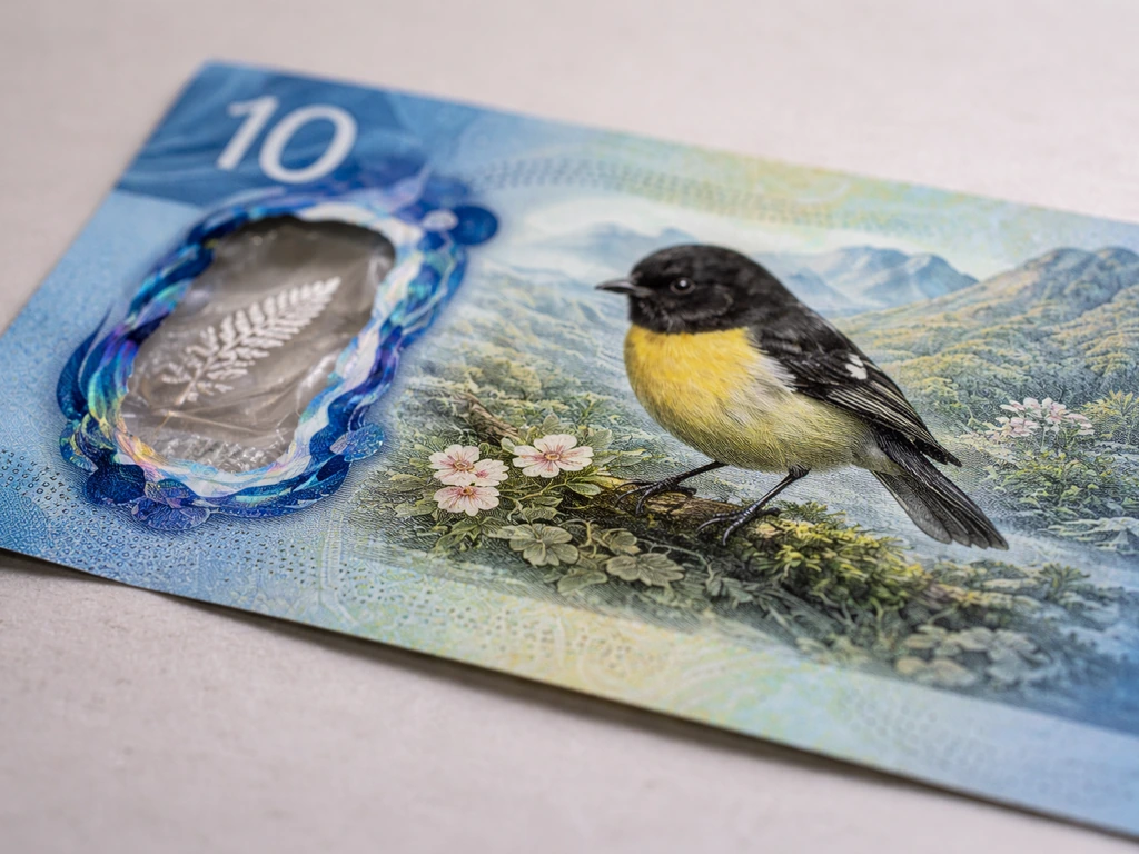 Close-up of the back of an NZ $10 note showing the small bird illustration in place.