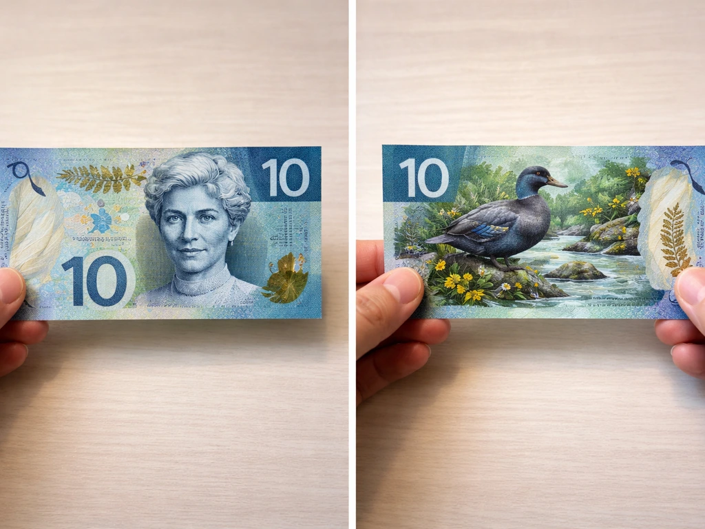 Close-up of hands holding a banknote, front showing “10” and Kate Sheppard, back showing a whio bird.