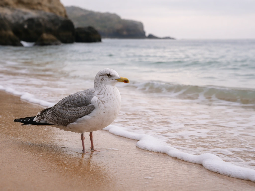 Common gull standing on a Portuguese shoreline near the surf, minimal coastal background.