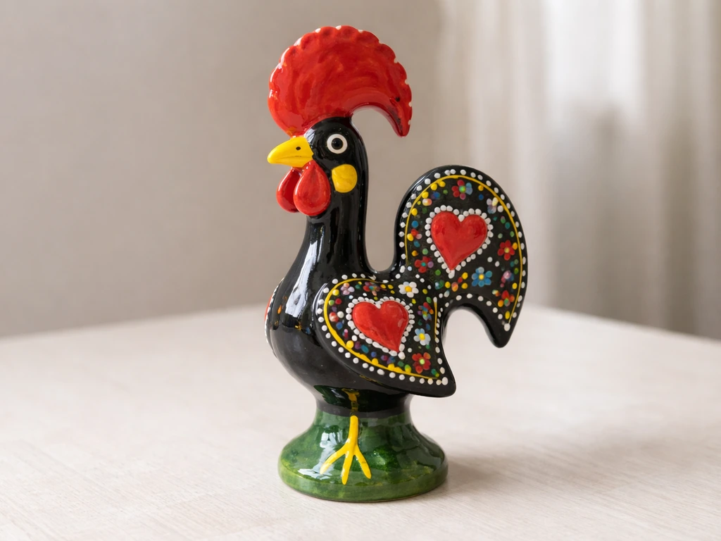 Iconic ceramic Galo de Barcelos rooster with red comb and wattles in a simple folk-art display.