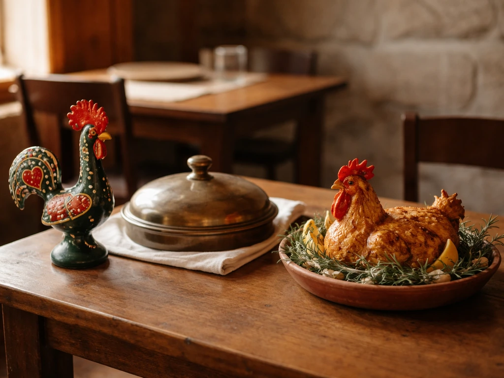 Warm inn table scene with a ceramic rooster beside a roasted rooster motif, no people.