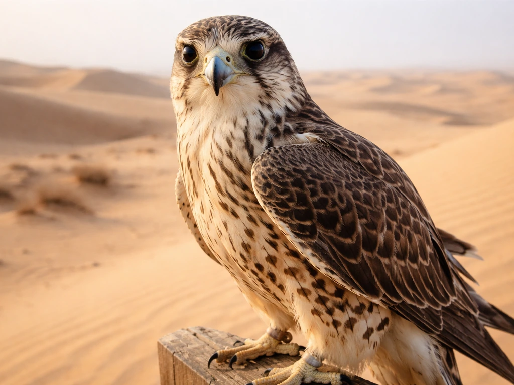 Close-up of a saker falcon with desert dunes in the background, representing Kuwait’s national bird.