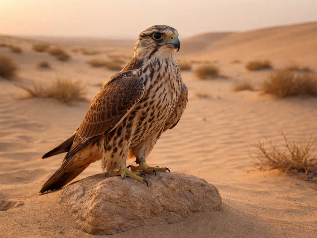 Saker falcon perched on a sandy rock in the Kuwaiti desert with distant dunes at golden hour.