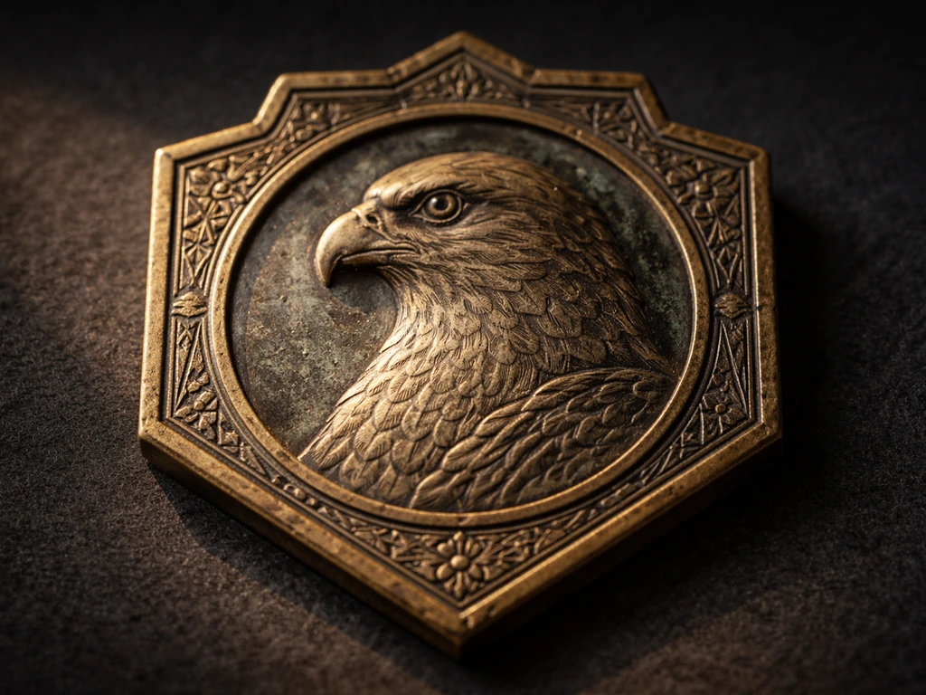 Antique brass falcon motif emblem piece on dark cloth, showing engraved patina and border details.