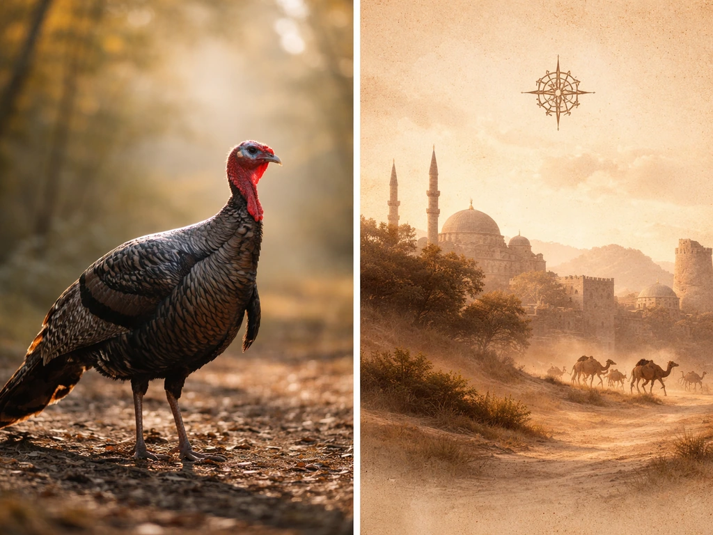 Minimal split image showing a turkey bird and a medieval land motif symbolizing Turkey word origins.