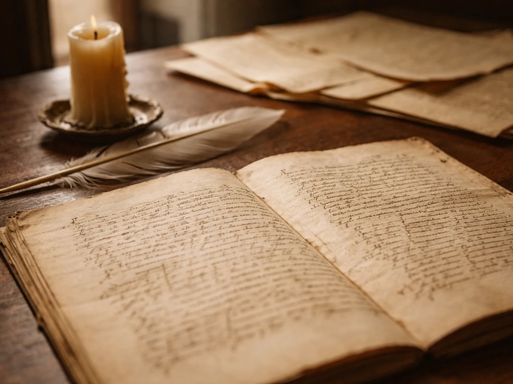 Sepia archival manuscript page with quill, candle, and aged papers suggesting early-modern English history