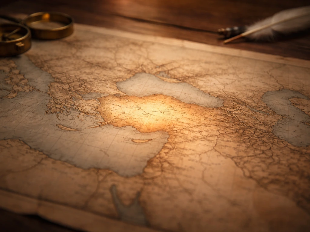 Vintage parchment-style map with softly highlighted Ottoman/Seljuk region and scattered medieval compass objects