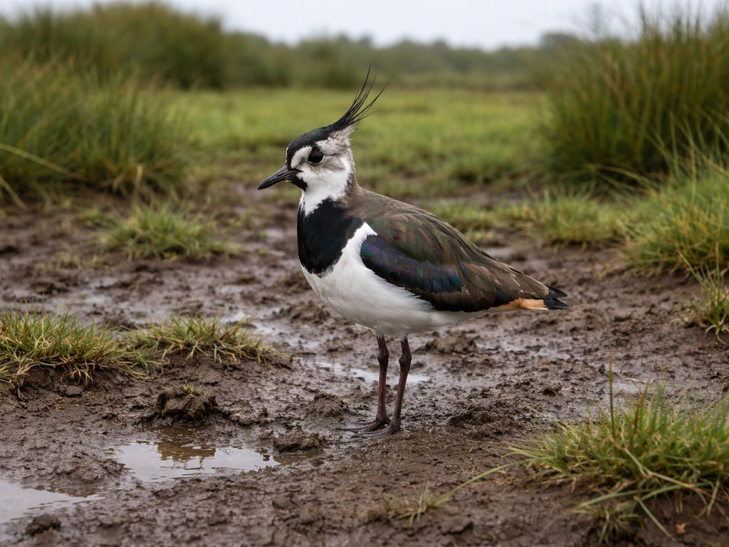 Northern Lapwing standing in a damp Irish wetland, thin crest raised against soft green landscape.