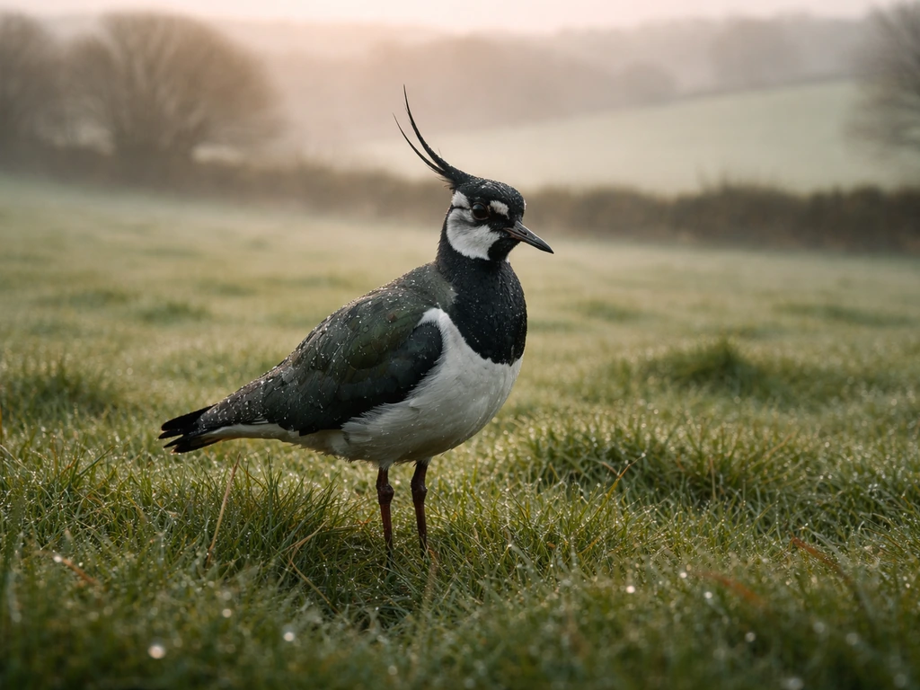 Northern lapwing standing in misty Irish wet grass beside a hedgerow, with rolling drumlin-like hills in background.