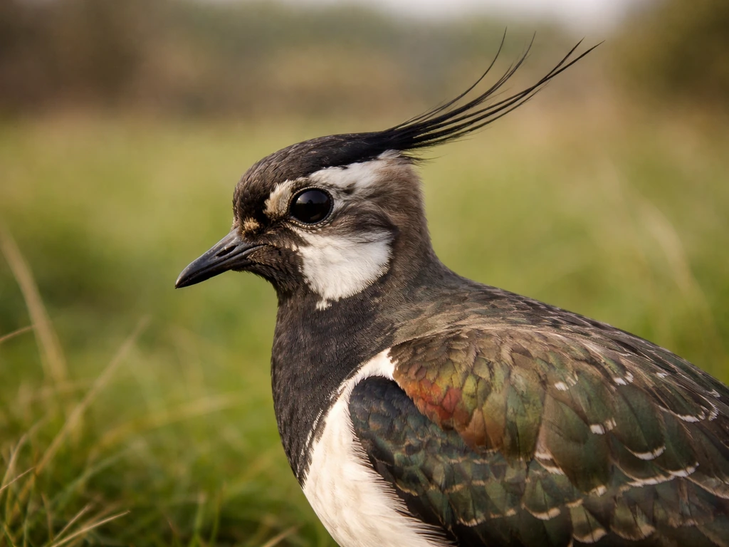 Close-up photo of a Northern Lapwing showing thin crest and wing pattern on a natural grass background.