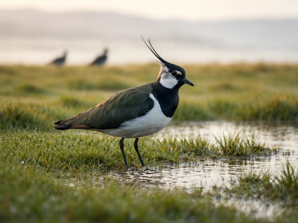 Minimal outdoor scene with a lapwing in wet grass, suggesting Ireland’s national bird among nearby European birds.