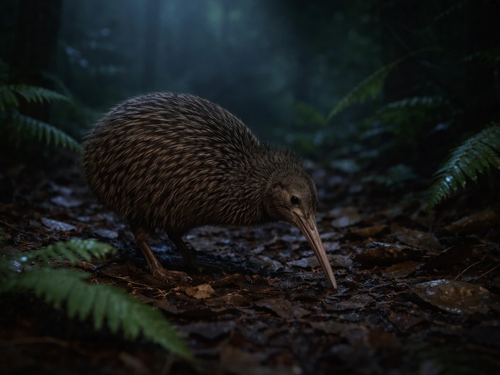 Nocturnal kiwi bird foraging on damp forest floor in moonlit New Zealand at night.