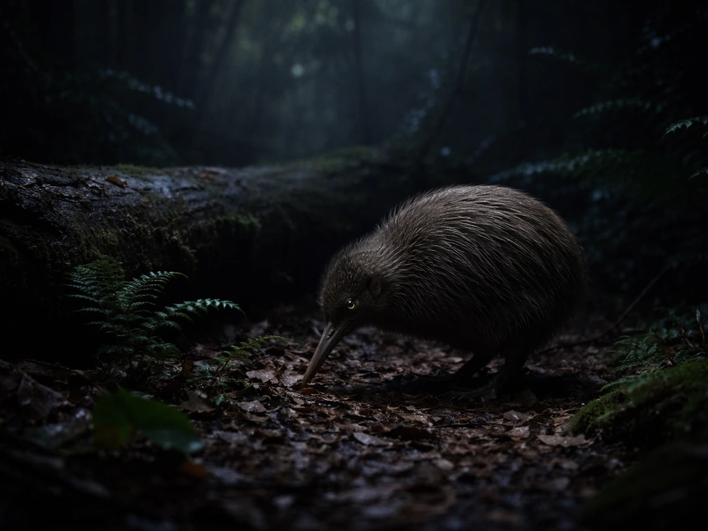 A nocturnal kiwi forages on dark forest floor under faint moonlight.