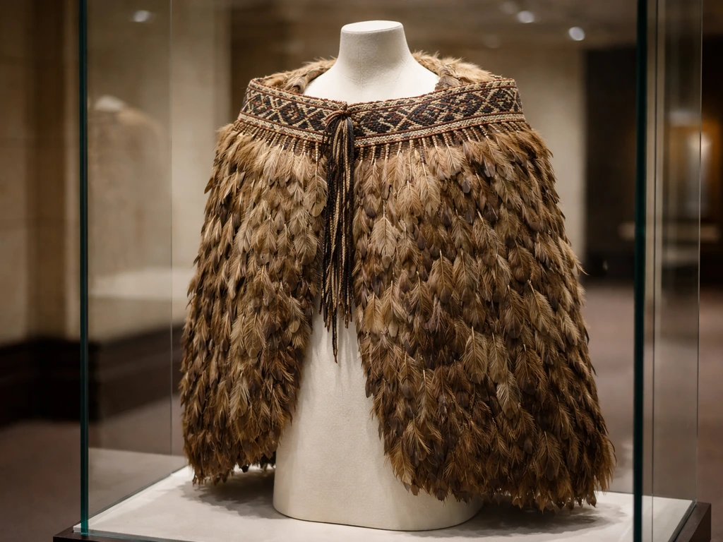 Museum display of a Māori-inspired kahu kiwi cloak with detailed feather textures and traditional patterning