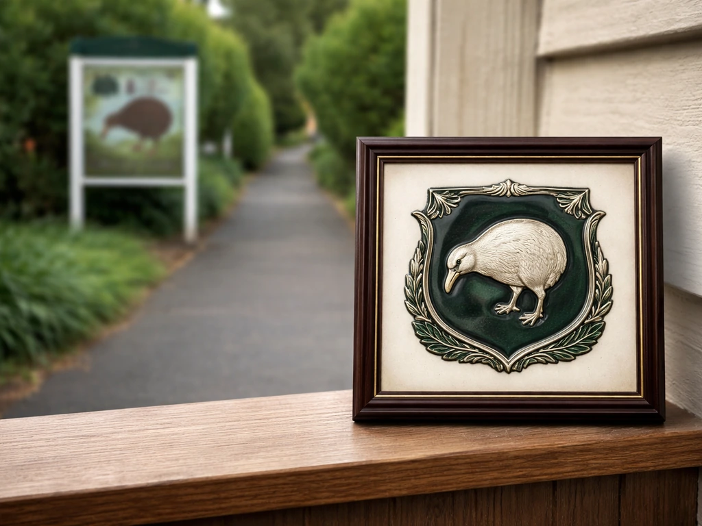 Close-up of a framed kiwi emblem beside a softly blurred New Zealand street and public notice board.