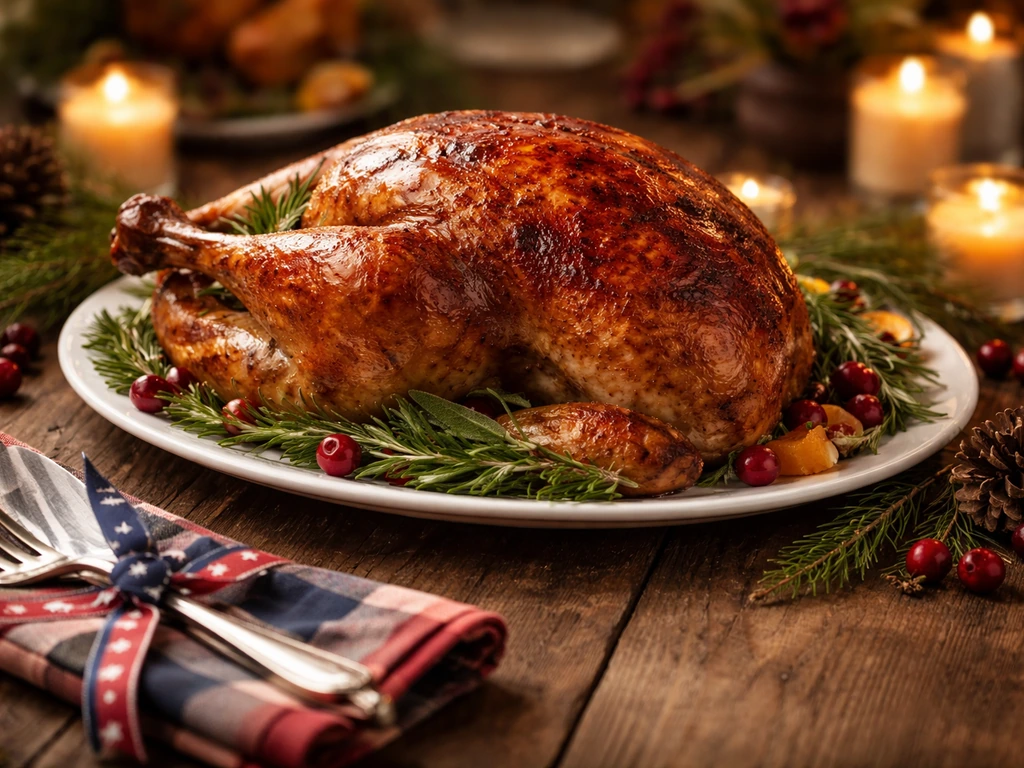 Roasted turkey on a Thanksgiving table with warm autumn décor and subtle red-white-blue accents.