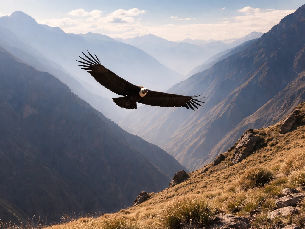 An Andean condor soaring above the Andes with Peruvian mountain scenery below.