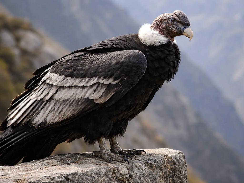Andean condor perched on a rocky ledge with detailed wings and textured feathers in natural light.