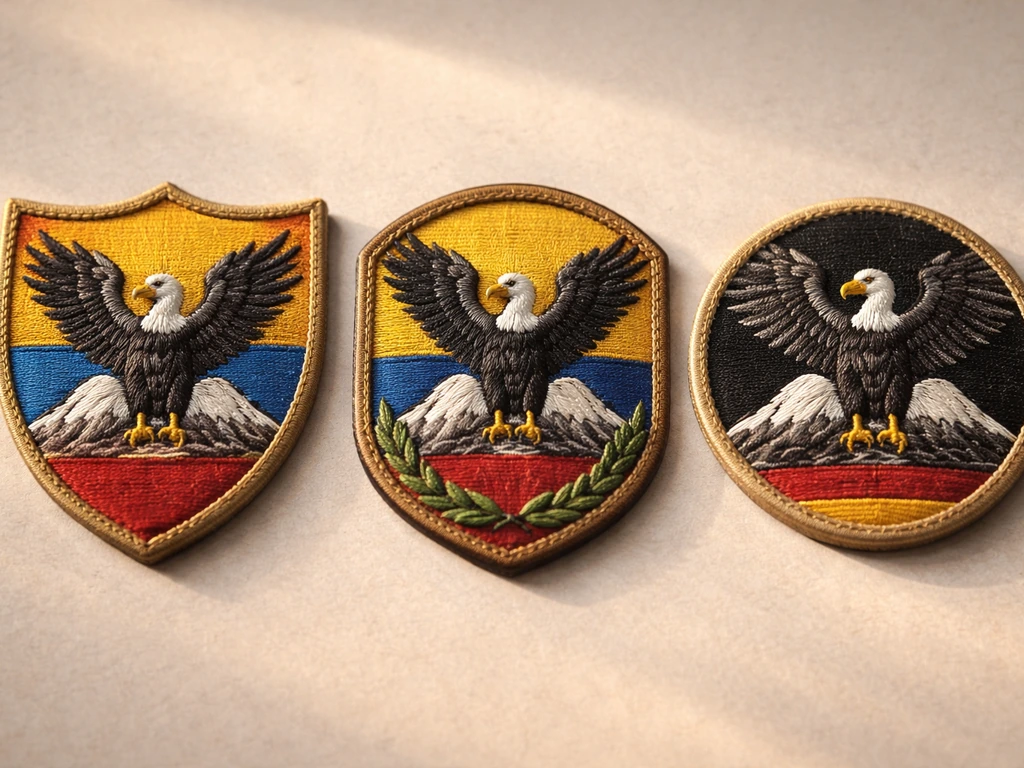 Three small vintage-style coats of arms with an Andean condor motif, displayed side by side on a neutral background.