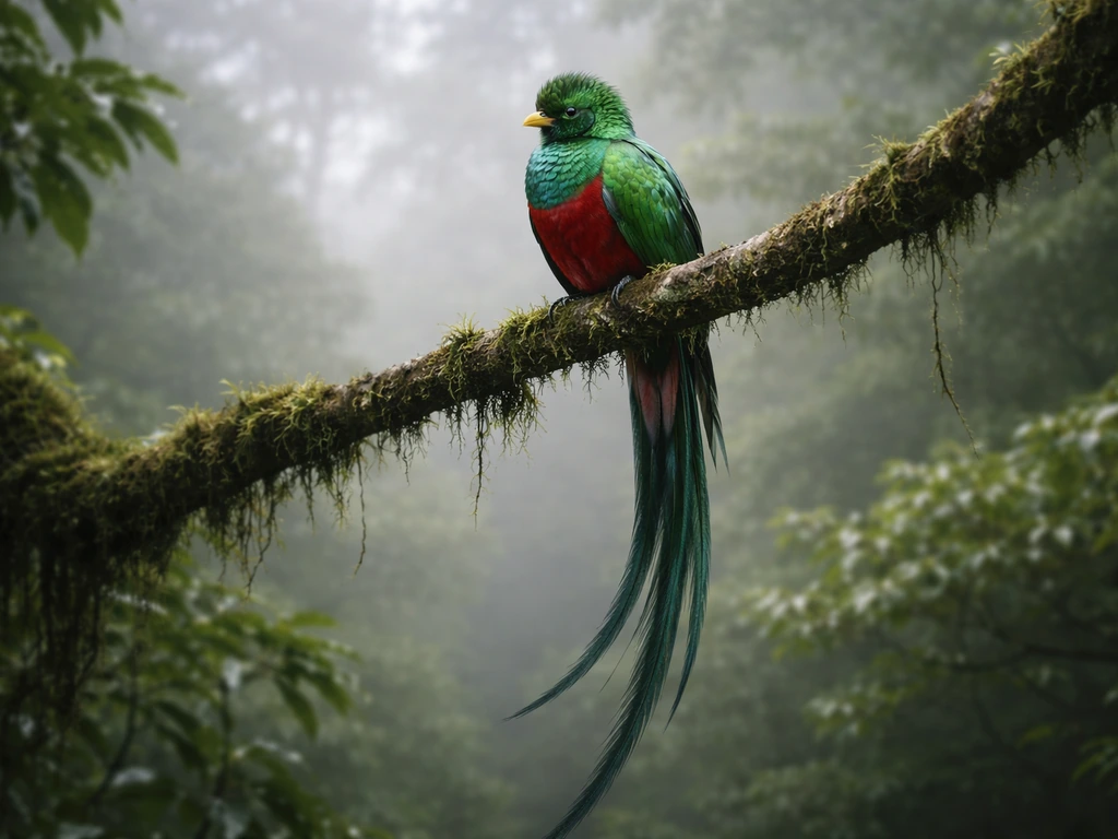 A resplendent quetzal with iridescent plumage perched in a misty Guatemalan cloud forest.
