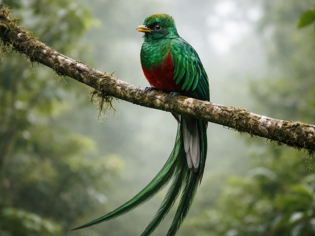 Male resplendent quetzal perched in misty forest, showing emerald iridescence and long tail.