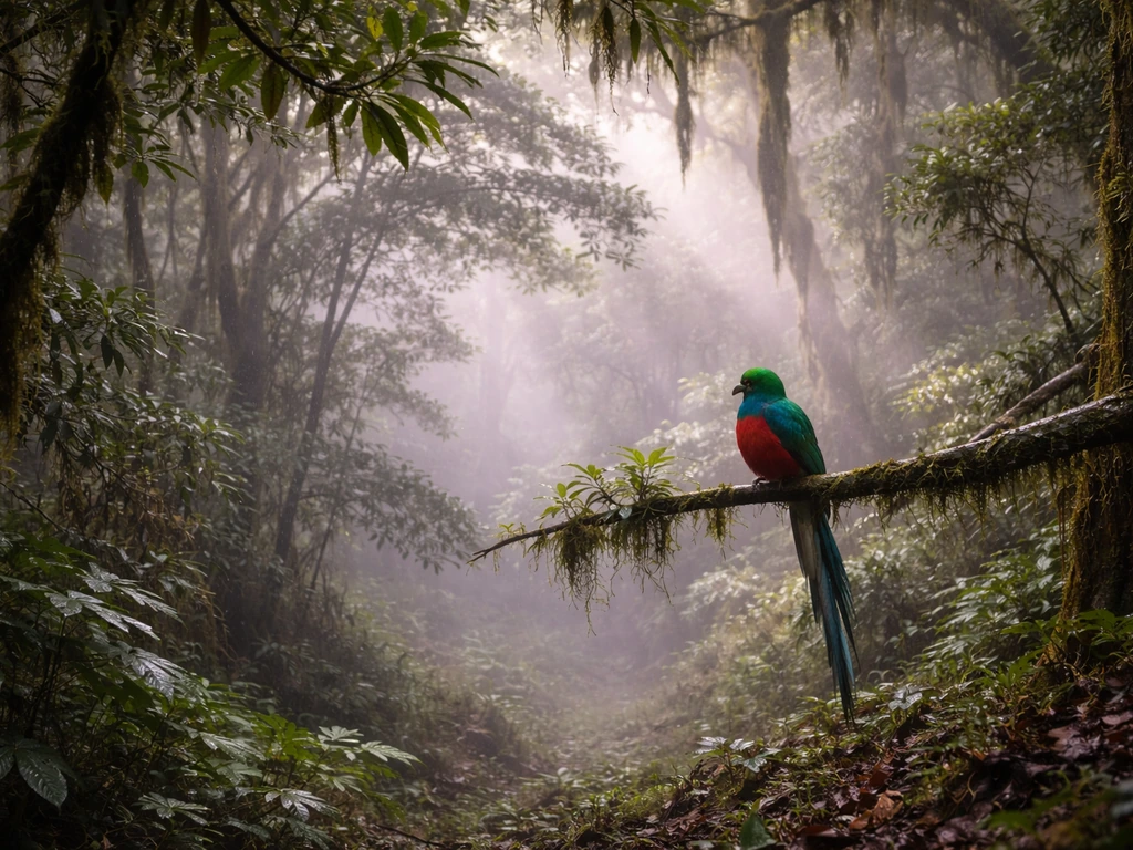Mist-filled cloud forest in Guatemala with a colorful bird perched on a branch among mossy trees.