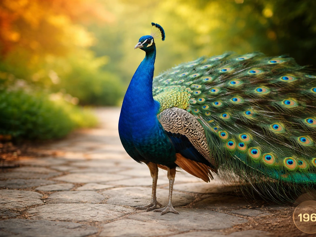 A vivid Indian peafowl (peacock) in soft natural light with subtle saffron-green tones hinting at 1963.