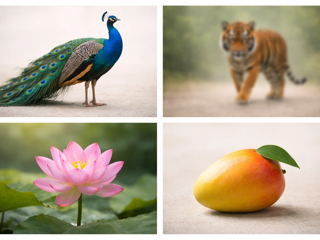 Minimal side-by-side photo of an Indian peafowl, tiger silhouette, lotus flower, and mango fruit.