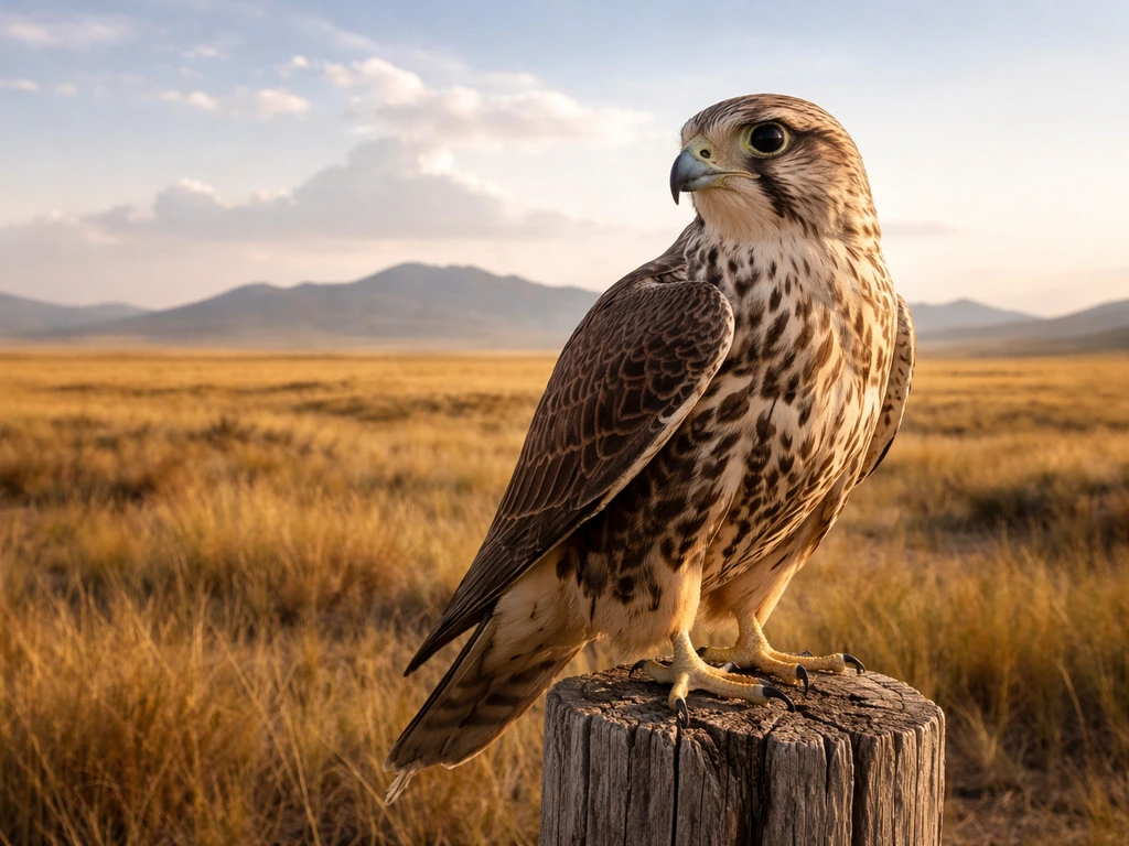 Saker falcon perched on a post with a minimalist Mongolian steppe landscape in the background